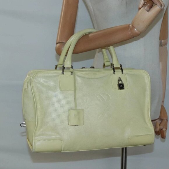 LOEWE Anagram Hand Bag Leather Light Yellow Silver Auth - Picture 14 of 16